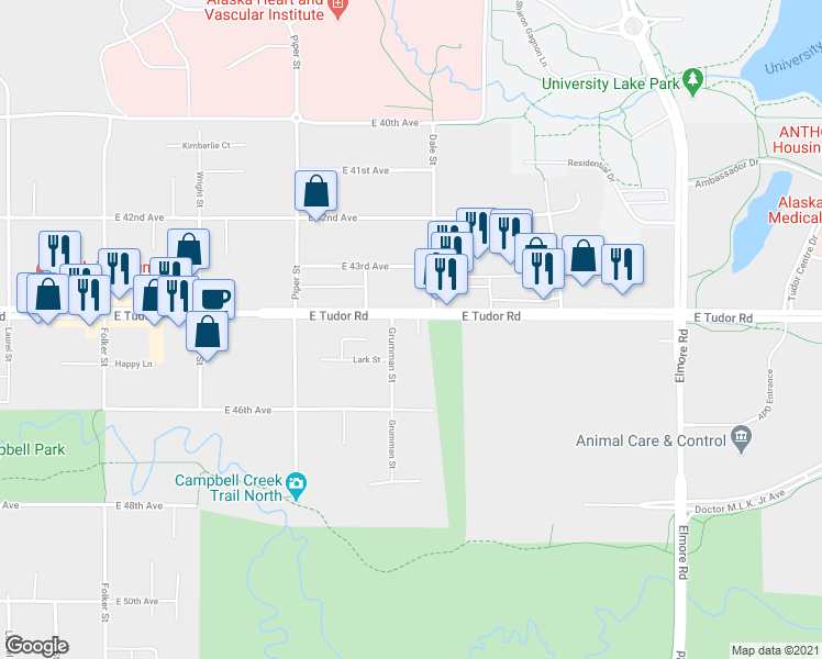 map of restaurants, bars, coffee shops, grocery stores, and more near 4416 View Circle in Anchorage