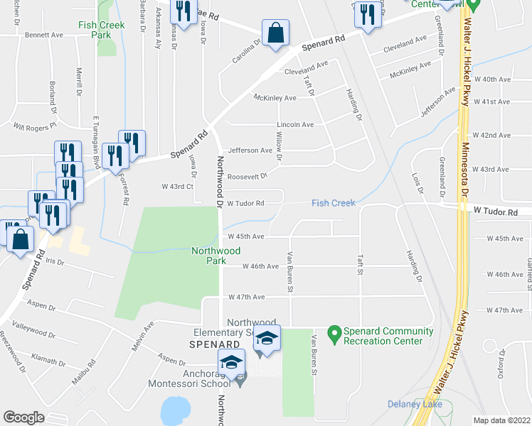 map of restaurants, bars, coffee shops, grocery stores, and more near 2300 West Tudor Road in Anchorage