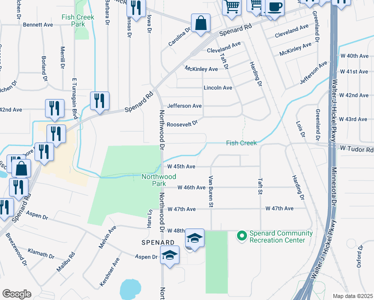 map of restaurants, bars, coffee shops, grocery stores, and more near 2302 West Tudor Road in Anchorage