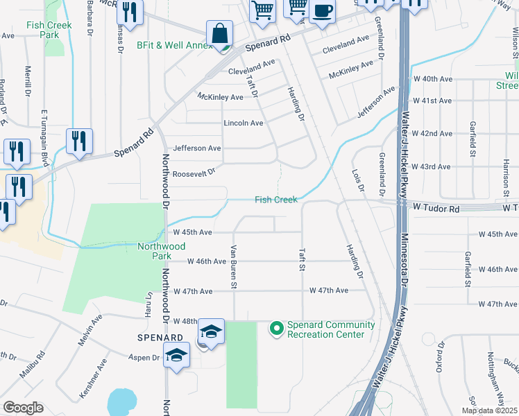 map of restaurants, bars, coffee shops, grocery stores, and more near 2103 West 44th Court in Anchorage