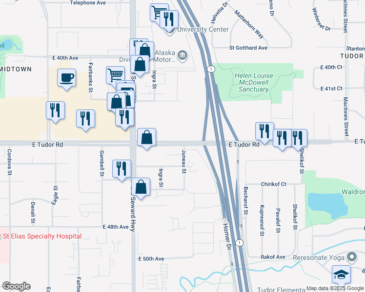 map of restaurants, bars, coffee shops, grocery stores, and more near 4400 Juneau Street in Anchorage