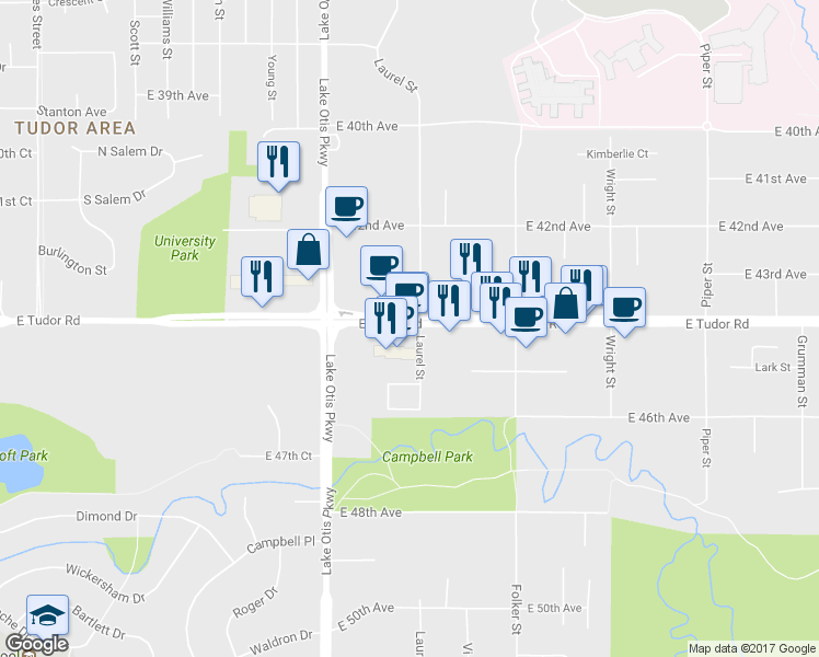 map of restaurants, bars, coffee shops, grocery stores, and more near 2488 E Tudor Rd in Anchorage