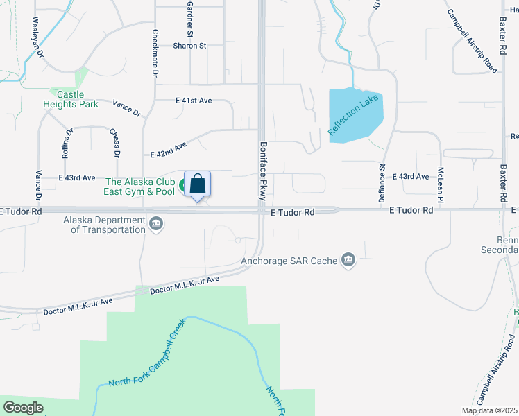 map of restaurants, bars, coffee shops, grocery stores, and more near E Tudor Rd & Boniface Pkwy in Anchorage