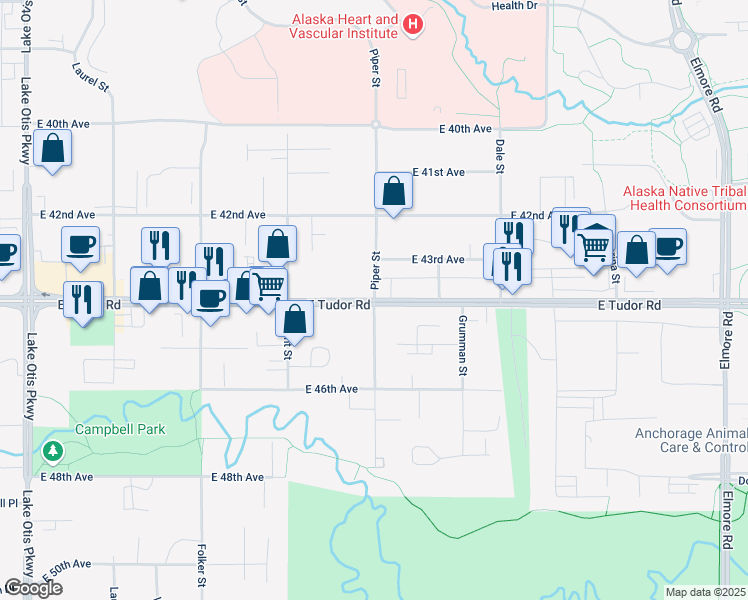 map of restaurants, bars, coffee shops, grocery stores, and more near East Tudor Road & Piper Street in Anchorage