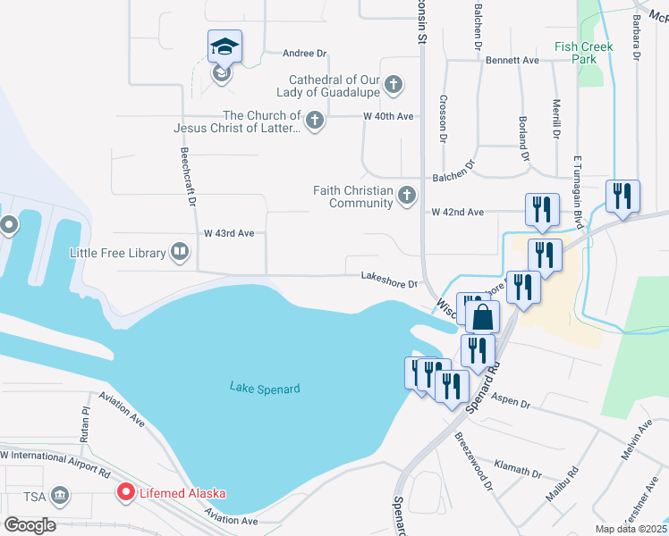 map of restaurants, bars, coffee shops, grocery stores, and more near 3345A Lakeshore Drive in Anchorage