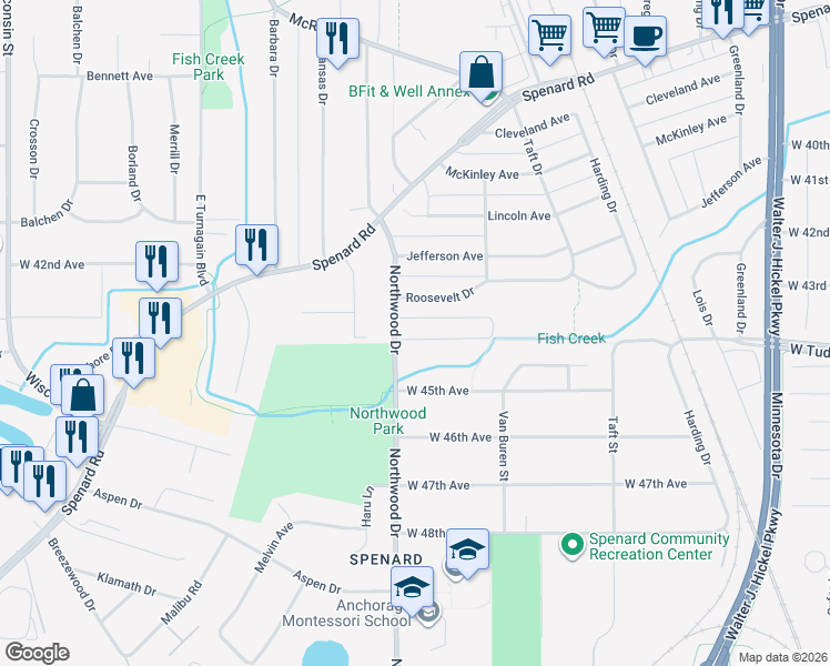 map of restaurants, bars, coffee shops, grocery stores, and more near 2315 West Tudor Road in Anchorage