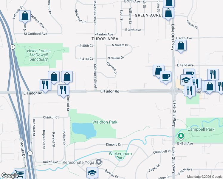 map of restaurants, bars, coffee shops, grocery stores, and more near 1889 East Tudor Road in Anchorage