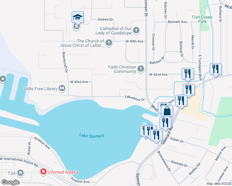 map of restaurants, bars, coffee shops, grocery stores, and more near 3345A Lakeshore Drive in Anchorage