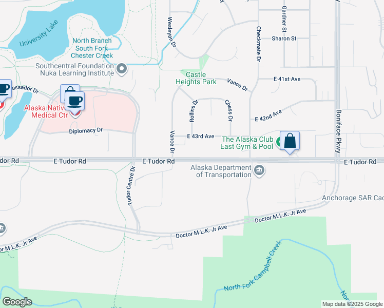 map of restaurants, bars, coffee shops, grocery stores, and more near 4410 East Tudor Road in Anchorage