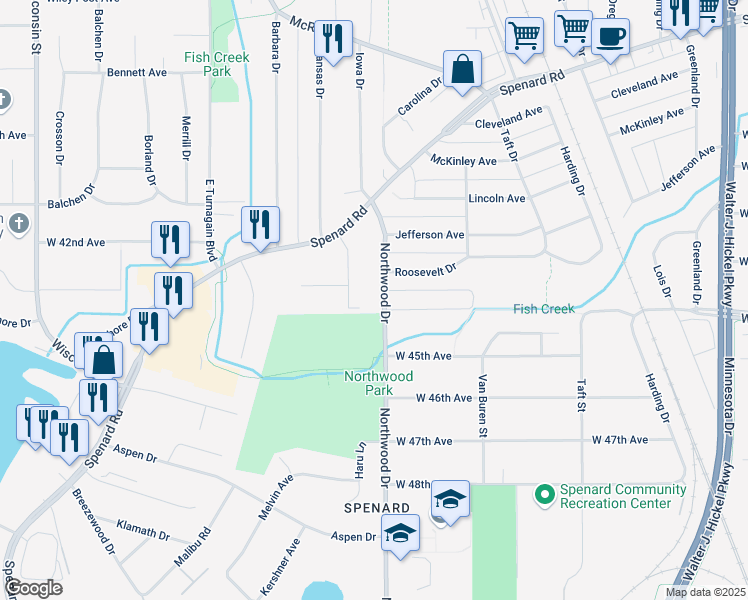 map of restaurants, bars, coffee shops, grocery stores, and more near 4401 Northwood Drive in Anchorage