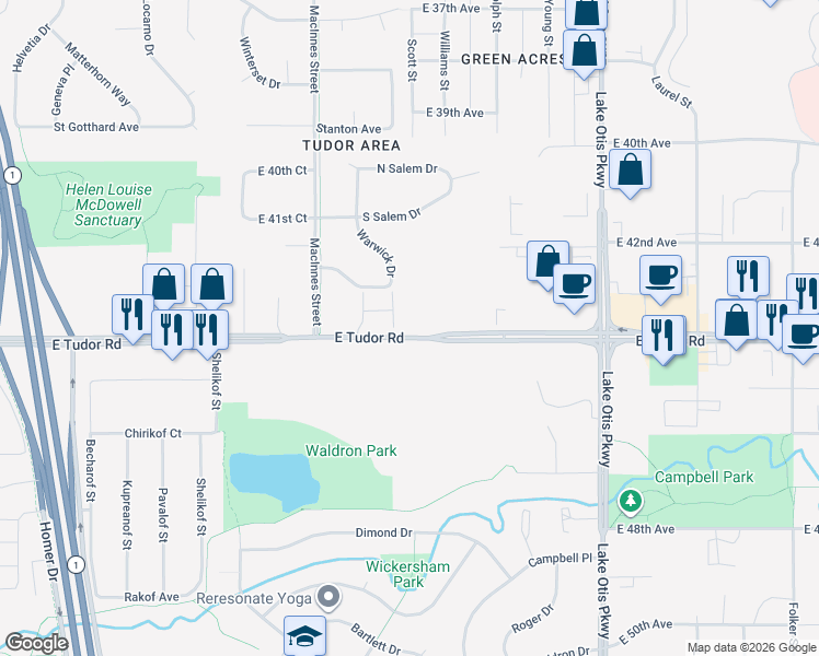 map of restaurants, bars, coffee shops, grocery stores, and more near 1889 East Tudor Road in Anchorage
