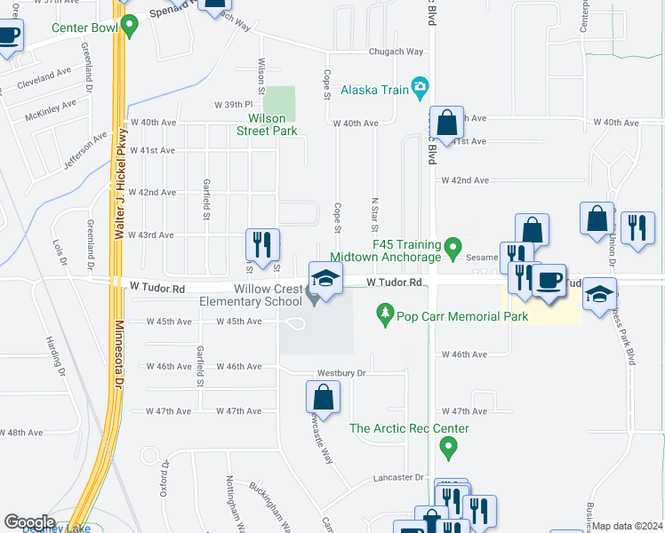 map of restaurants, bars, coffee shops, grocery stores, and more near 1004 West Tudor Road in Anchorage