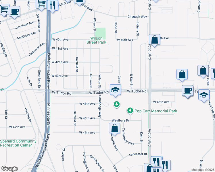 map of restaurants, bars, coffee shops, grocery stores, and more near 1004 West Tudor Road in Anchorage