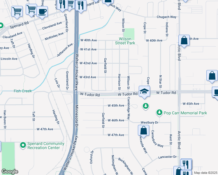 map of restaurants, bars, coffee shops, grocery stores, and more near 1305 West 45th Avenue in Anchorage