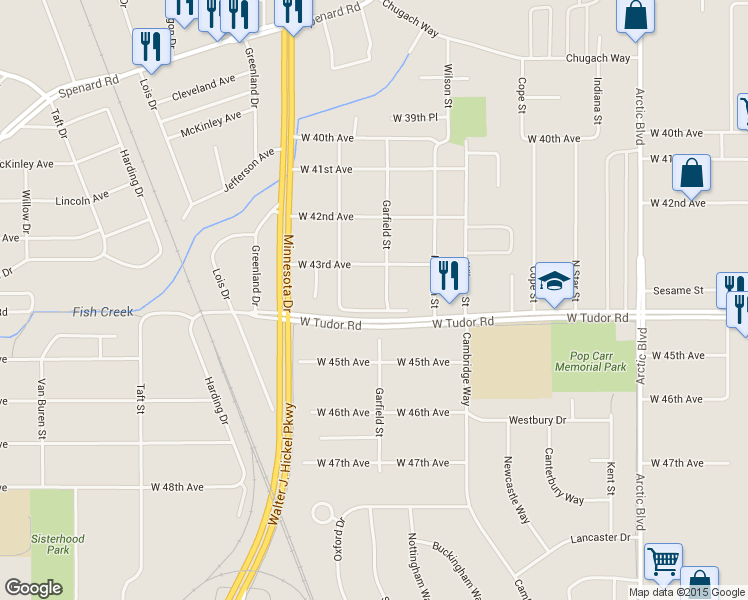 map of restaurants, bars, coffee shops, grocery stores, and more near 1407 West 45th Avenue in Anchorage