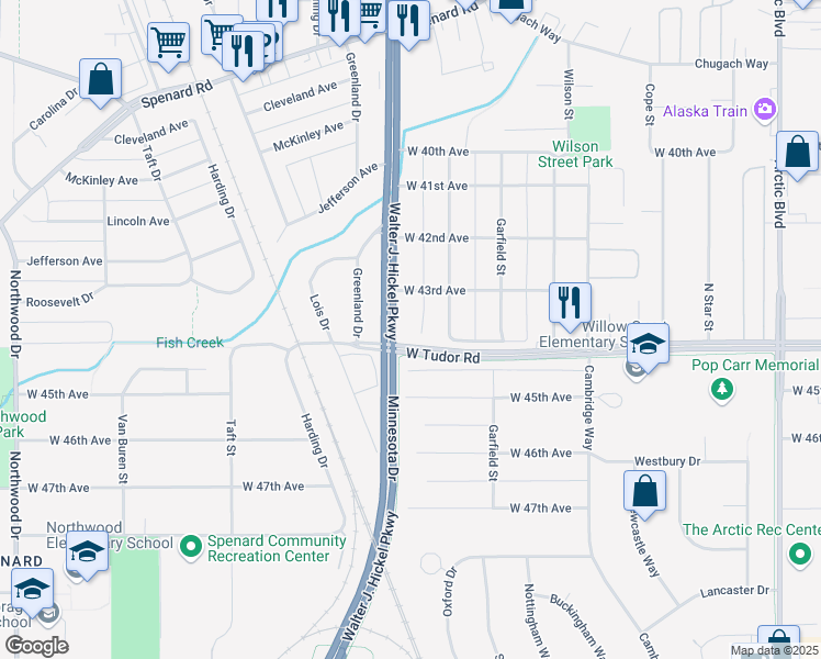 map of restaurants, bars, coffee shops, grocery stores, and more near 1507 West 45th Avenue in Anchorage