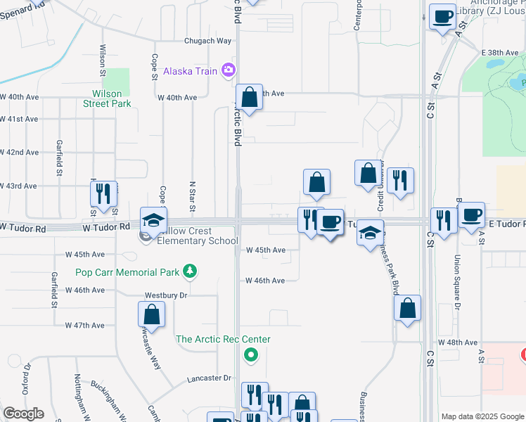 map of restaurants, bars, coffee shops, grocery stores, and more near 705 West Tudor Road in Anchorage