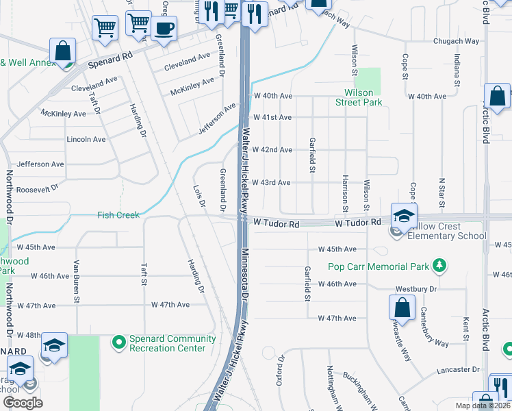 map of restaurants, bars, coffee shops, grocery stores, and more near 1541 West Tudor Road in Anchorage