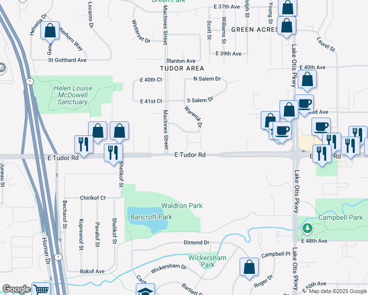 map of restaurants, bars, coffee shops, grocery stores, and more near 1801 East Tudor Road in Anchorage
