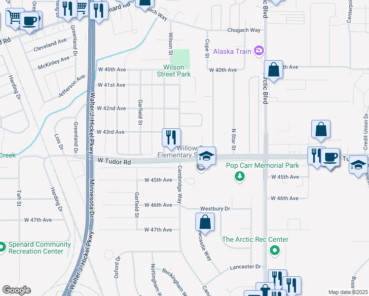 map of restaurants, bars, coffee shops, grocery stores, and more near 4309 Wilson Street in Anchorage
