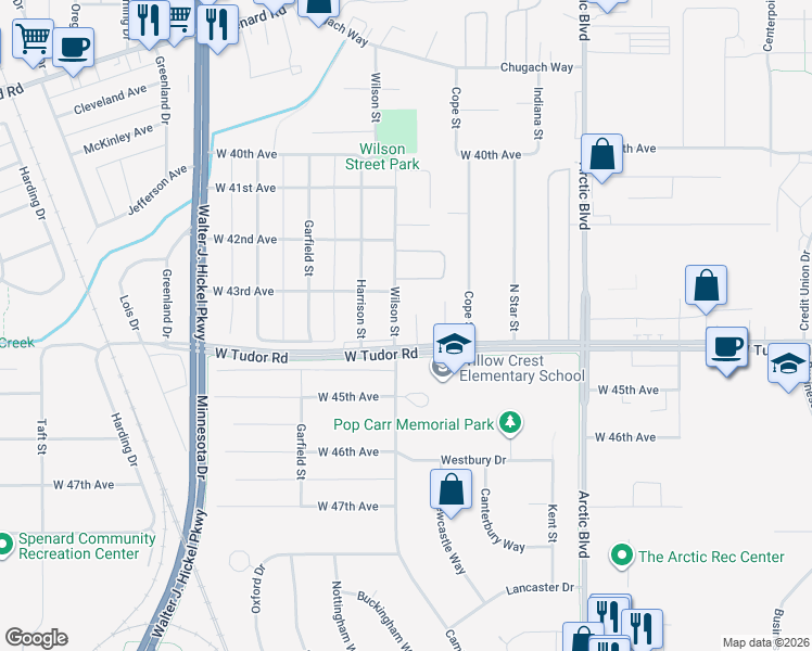 map of restaurants, bars, coffee shops, grocery stores, and more near 4309 Wilson Street in Anchorage