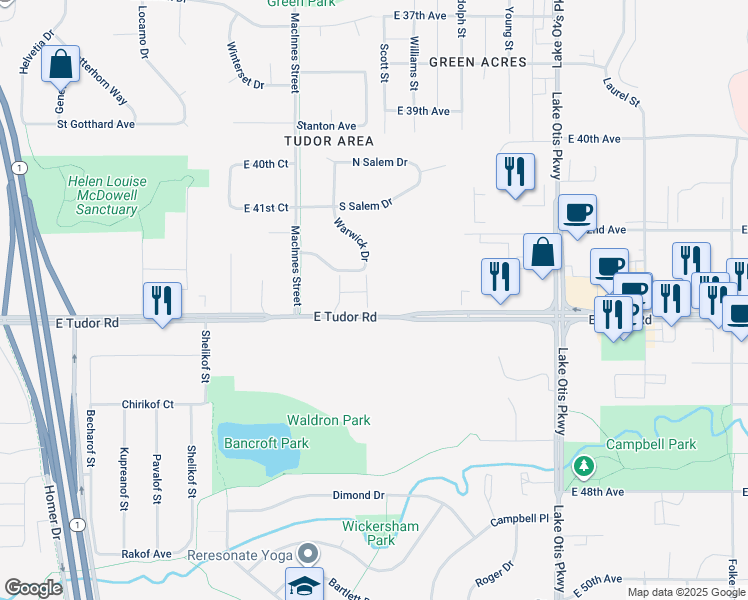 map of restaurants, bars, coffee shops, grocery stores, and more near in Anchorage