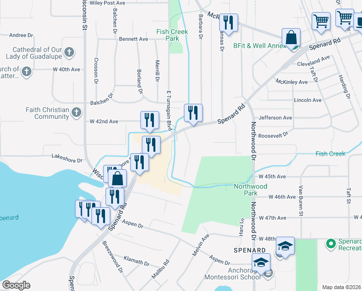 map of restaurants, bars, coffee shops, grocery stores, and more near 4402 Forrest Road in Anchorage