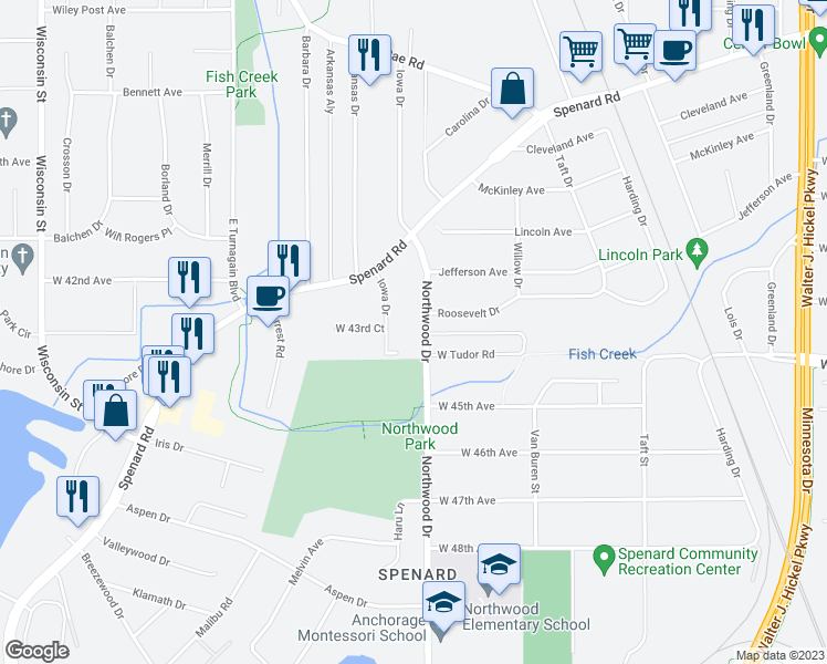 map of restaurants, bars, coffee shops, grocery stores, and more near 4330 Northwood Drive in Anchorage