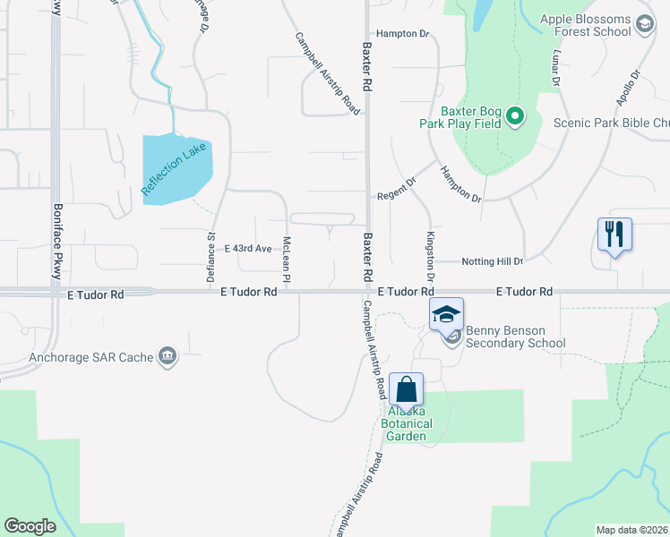 map of restaurants, bars, coffee shops, grocery stores, and more near 4220 Marshall Drive in Anchorage