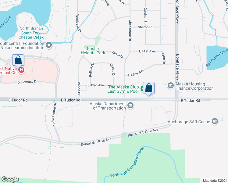 map of restaurants, bars, coffee shops, grocery stores, and more near 4231 Chess Drive in Anchorage