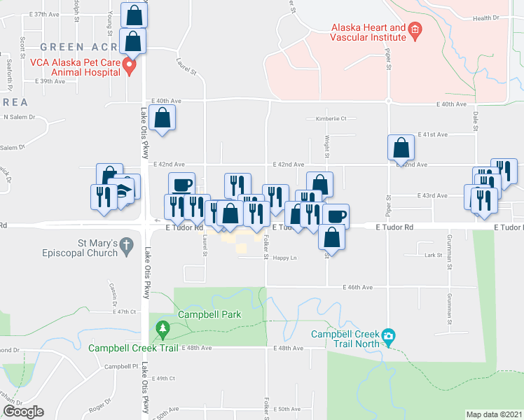 map of restaurants, bars, coffee shops, grocery stores, and more near 4230 Folker Street in Anchorage
