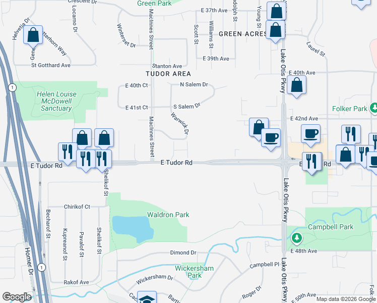 map of restaurants, bars, coffee shops, grocery stores, and more near 1751 Burlington Street in Anchorage