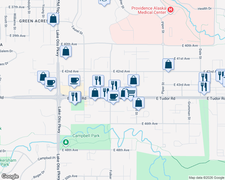 map of restaurants, bars, coffee shops, grocery stores, and more near 4231 Folker Street in Anchorage
