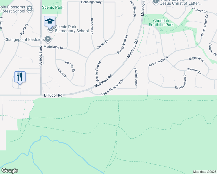 map of restaurants, bars, coffee shops, grocery stores, and more near 4259 Scenic View Drive in Anchorage