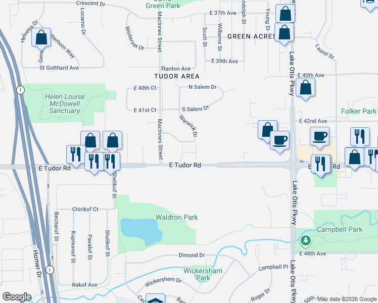 map of restaurants, bars, coffee shops, grocery stores, and more near 1751 Burlington Street in Anchorage
