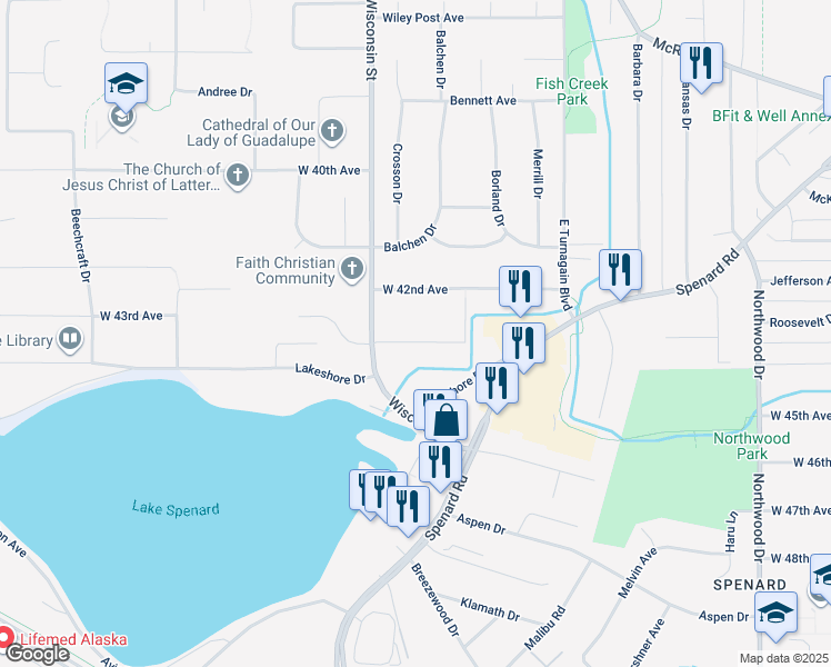 map of restaurants, bars, coffee shops, grocery stores, and more near 3108 West 42nd Avenue in Anchorage