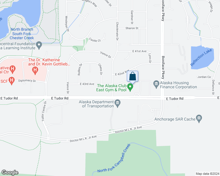 map of restaurants, bars, coffee shops, grocery stores, and more near 4318 Checkmate Drive in Anchorage