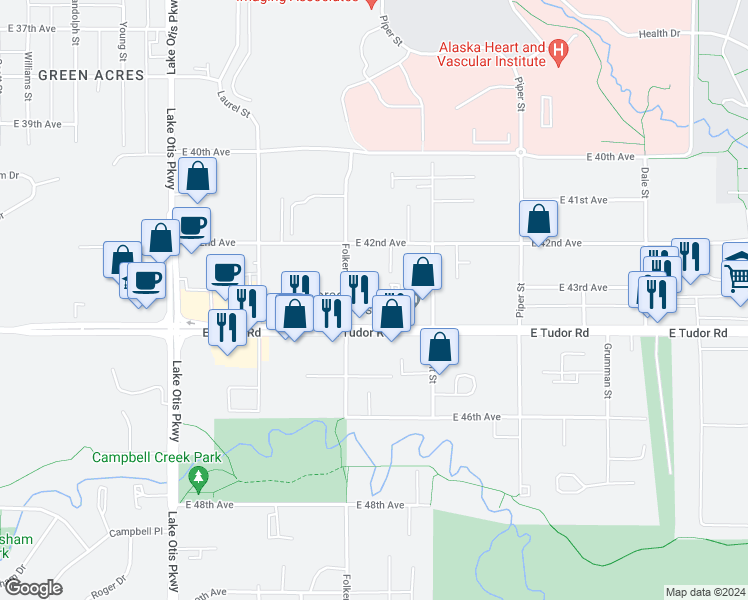 map of restaurants, bars, coffee shops, grocery stores, and more near 4251 Roson Court in Anchorage