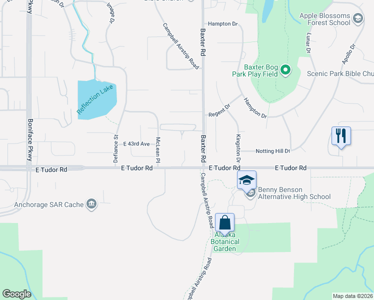 map of restaurants, bars, coffee shops, grocery stores, and more near 4220 Marshall Drive in Anchorage