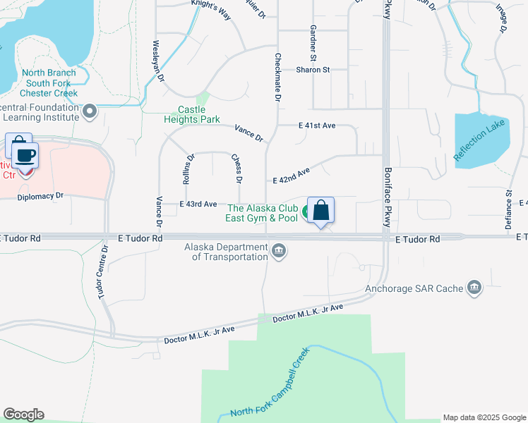 map of restaurants, bars, coffee shops, grocery stores, and more near 4227 Checkmate Drive in Anchorage