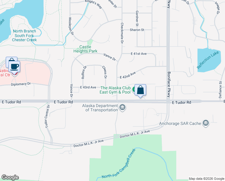 map of restaurants, bars, coffee shops, grocery stores, and more near 4231 Chess Drive in Anchorage