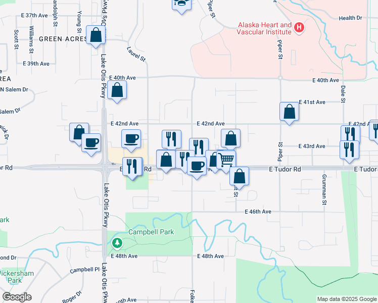 map of restaurants, bars, coffee shops, grocery stores, and more near 4230 Folker Street in Anchorage