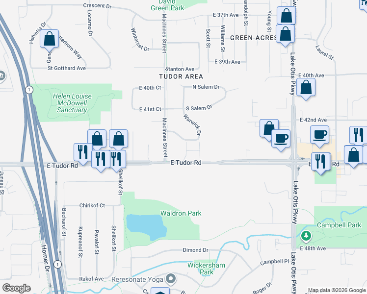 map of restaurants, bars, coffee shops, grocery stores, and more near 1720 Burlington Street in Anchorage