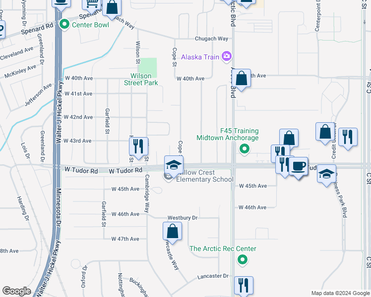 map of restaurants, bars, coffee shops, grocery stores, and more near 4300 Cope Street in Anchorage