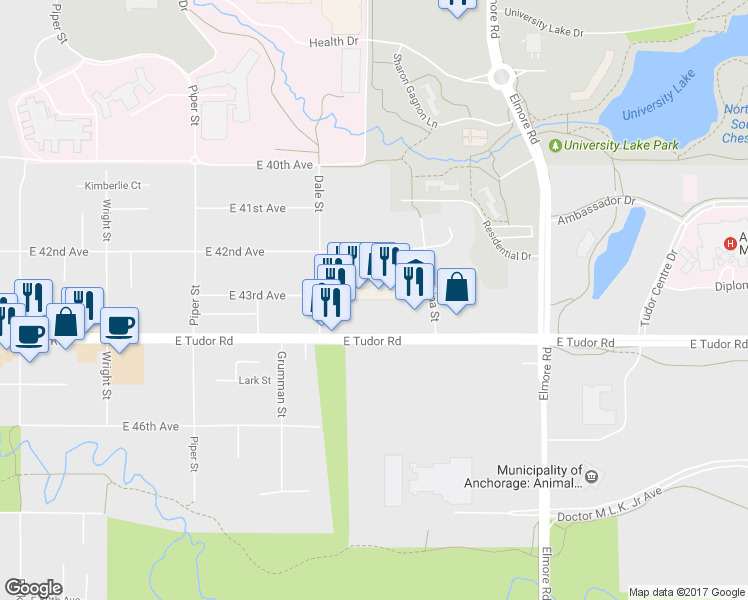 map of restaurants, bars, coffee shops, grocery stores, and more near 4241 Dale St in Anchorage