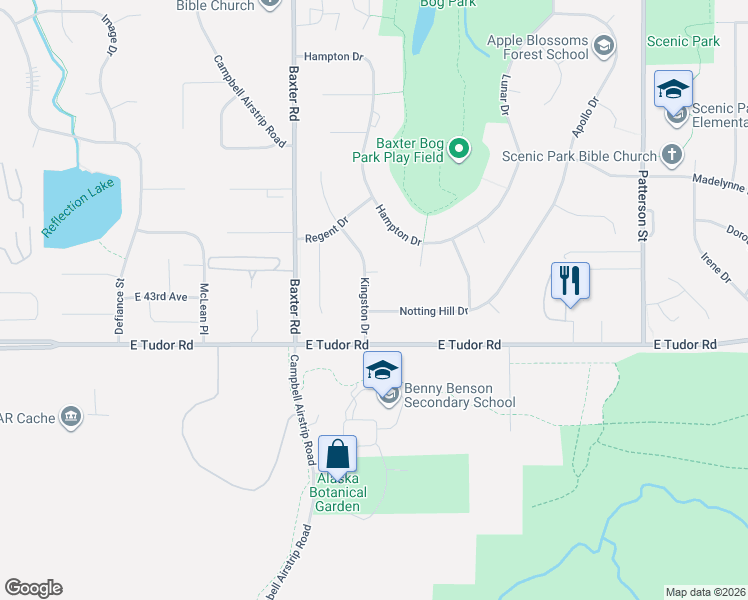 map of restaurants, bars, coffee shops, grocery stores, and more near 4213 Kingston Drive in Anchorage