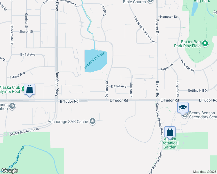 map of restaurants, bars, coffee shops, grocery stores, and more near 4241 Defiance Street in Anchorage