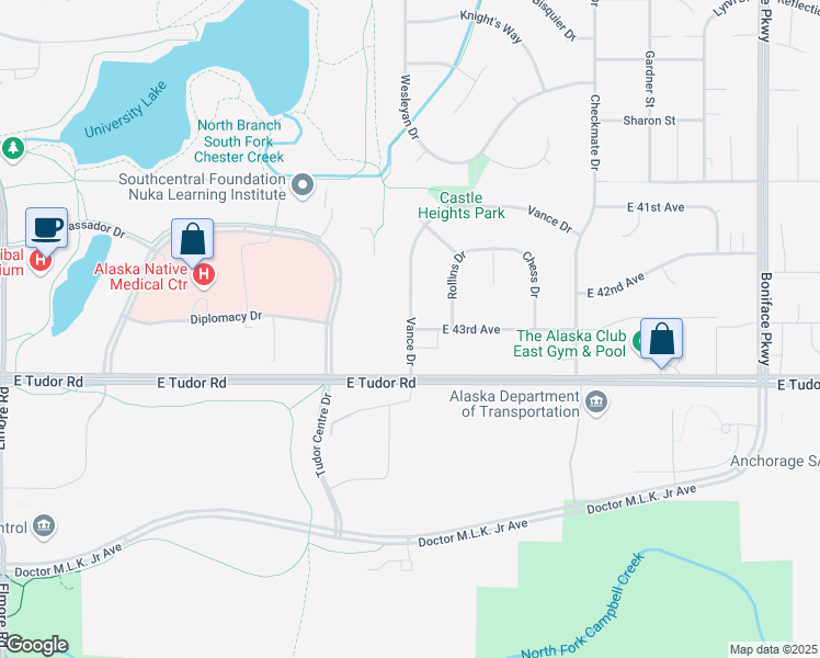 map of restaurants, bars, coffee shops, grocery stores, and more near East 43rd Avenue in Anchorage