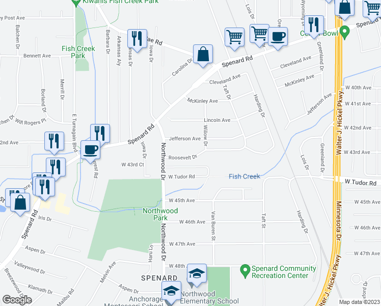 map of restaurants, bars, coffee shops, grocery stores, and more near 2303 Roosevelt Drive in Anchorage