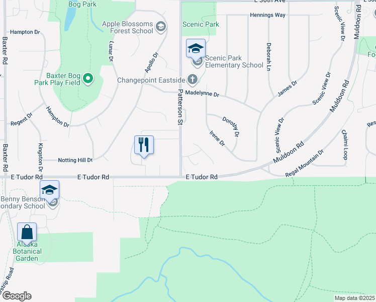 map of restaurants, bars, coffee shops, grocery stores, and more near 7111 Ambler Lane in Anchorage